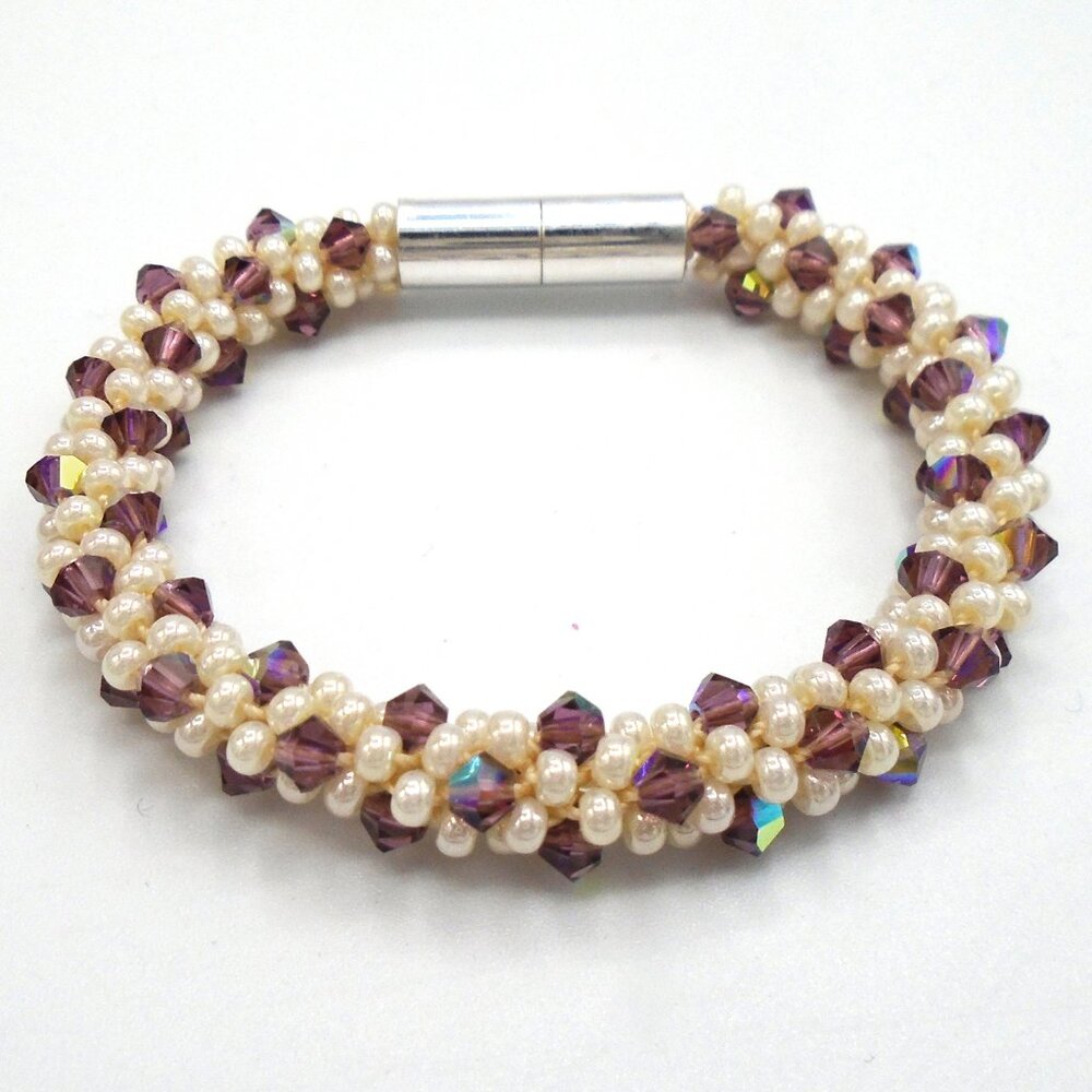 AMETHYST and CREAM CRYSTALS KUMIHIMO Beaded Bracelet Handmade